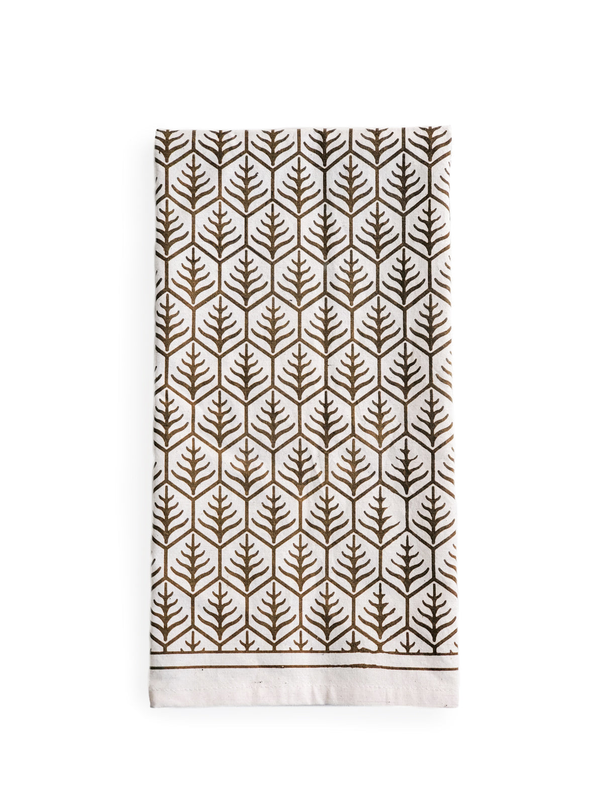 Korissa Hand Screen Printed Tea Towel, dark brown print, folded flat, white background