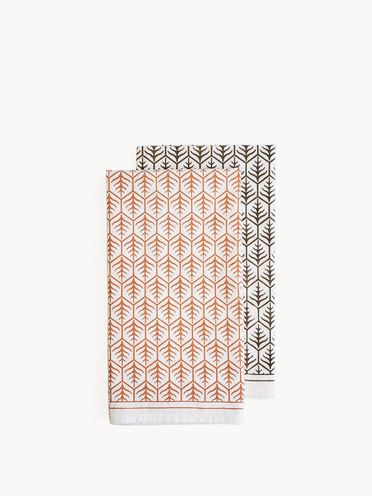 Korissa Hand Screen Printed Tea Towel, light brown and dark brown print, folded together, white background
