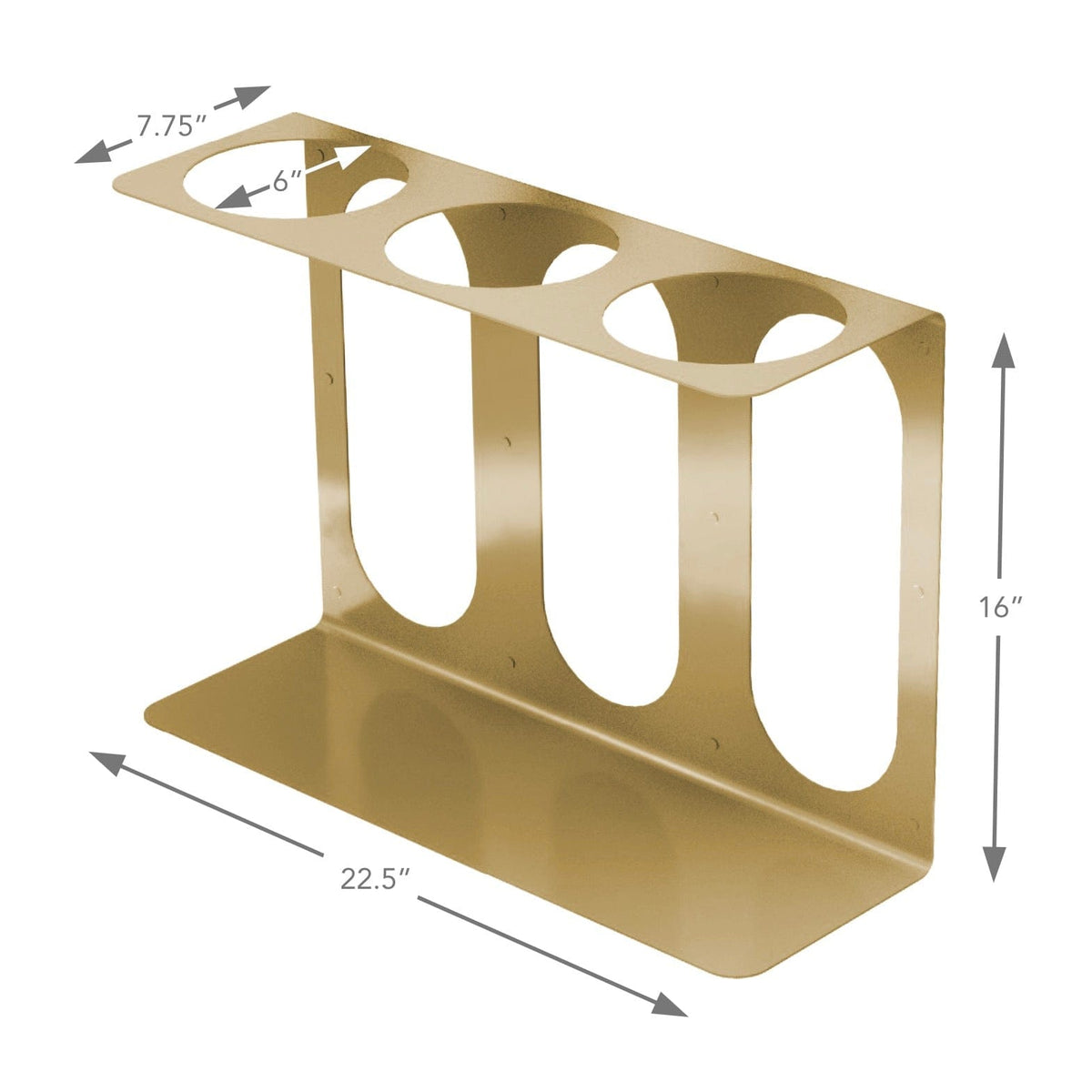 Gold bracket dimension diagram showing an approximately 22.5-inch width, 16-inch height, and 7.75-inch depth.
