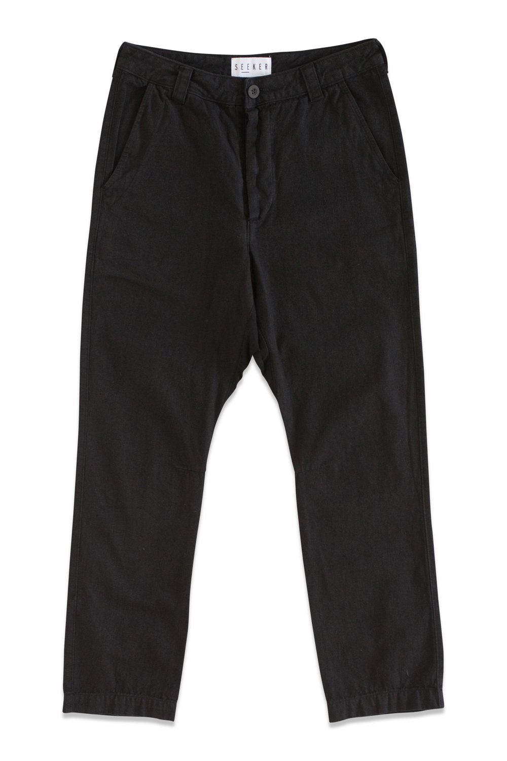 Front product view of black Vet Chinos with a buttoned waistband, zip fly, side pockets, and tapered legs.