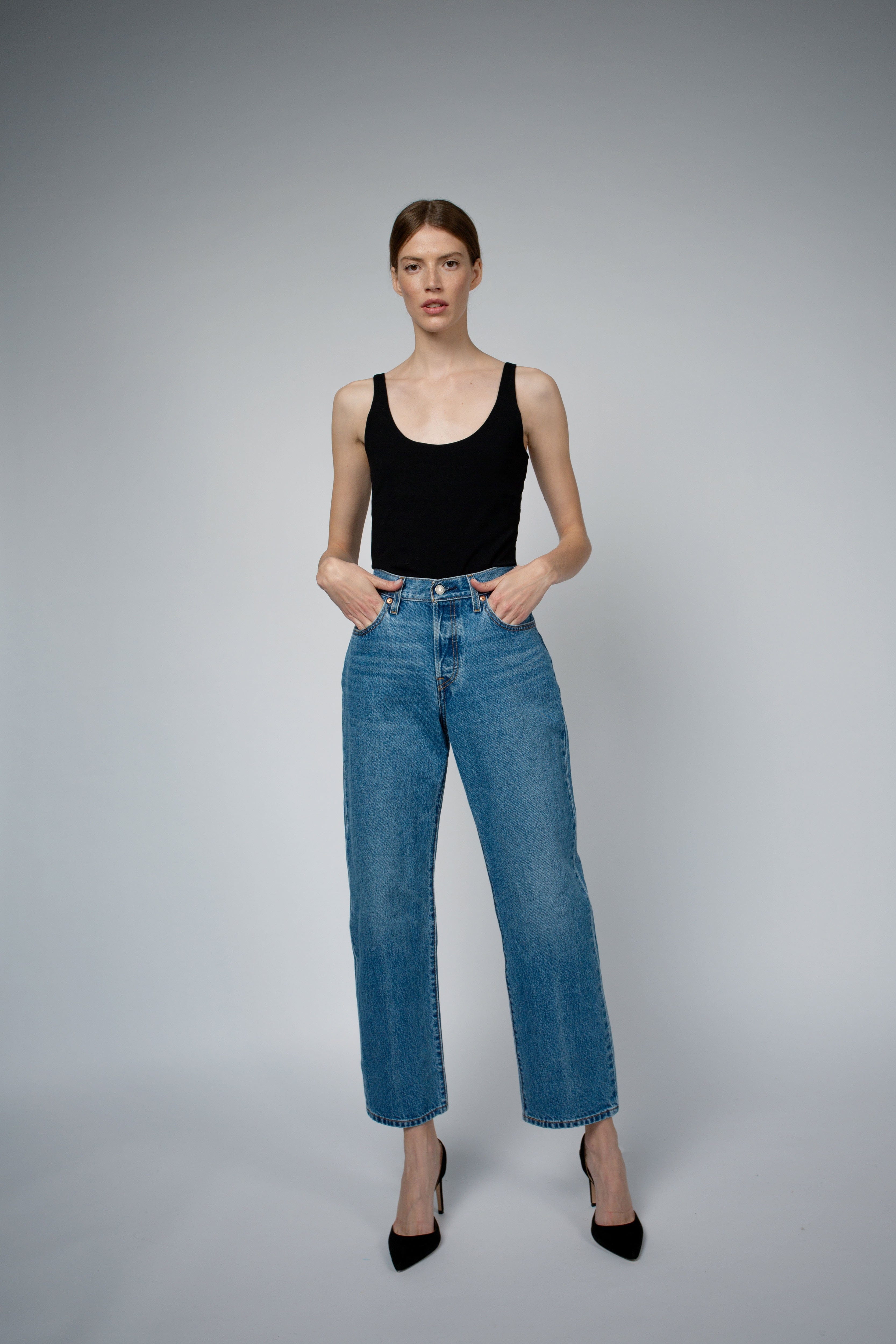 Ava Organic Cotton Bra Tank Top in black, full-length front view β Santicler Japandi fashion