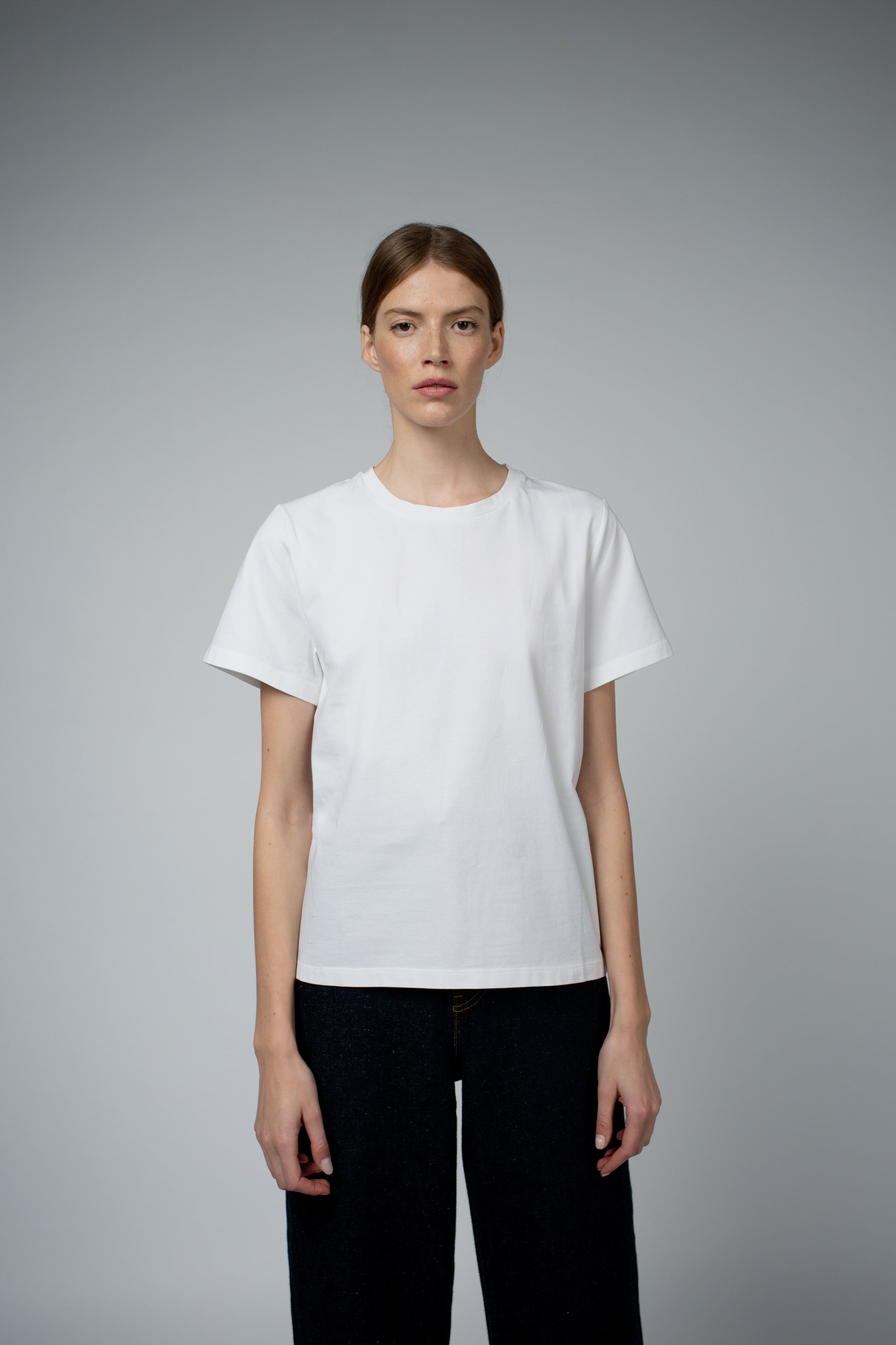 Adry Organic Cotton Crew Neck T-Shirt in white, full-length front view — Santicler Japandi fashion