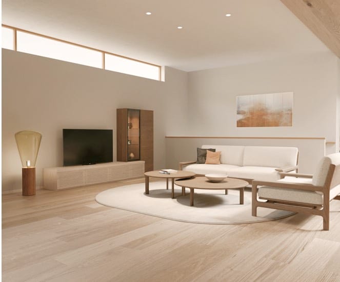 Japandi living room with low wood furniture, neutral tones, and minimalist calm design