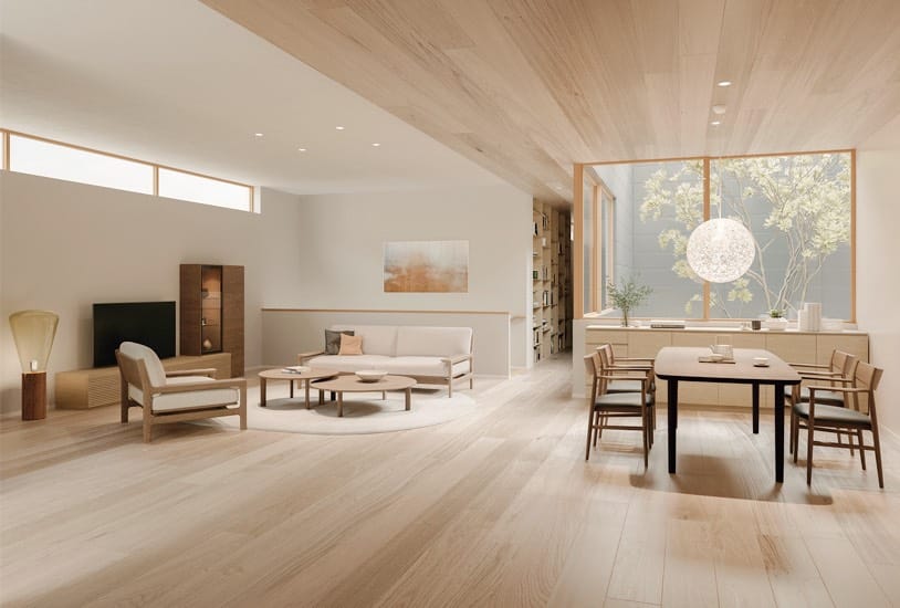 Japandi open living and dining room with natural wood furniture, soft light, and calm minimalist interior by CondeHouse
