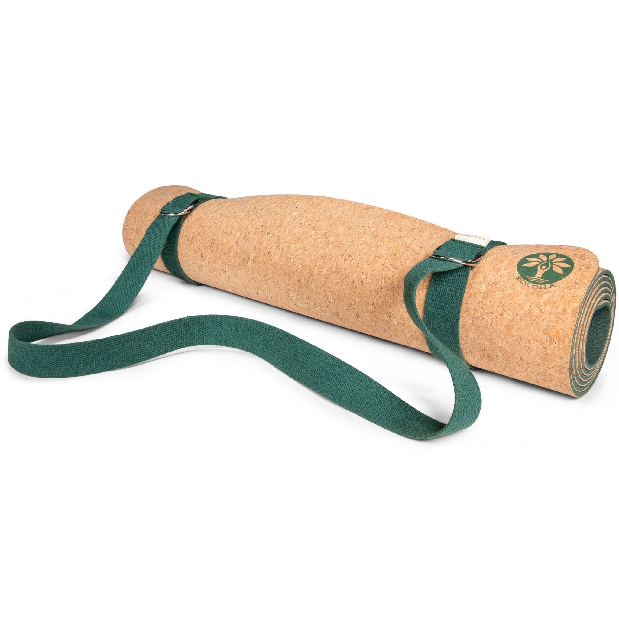 Green Sling and Mat Strap around cork yoga mat