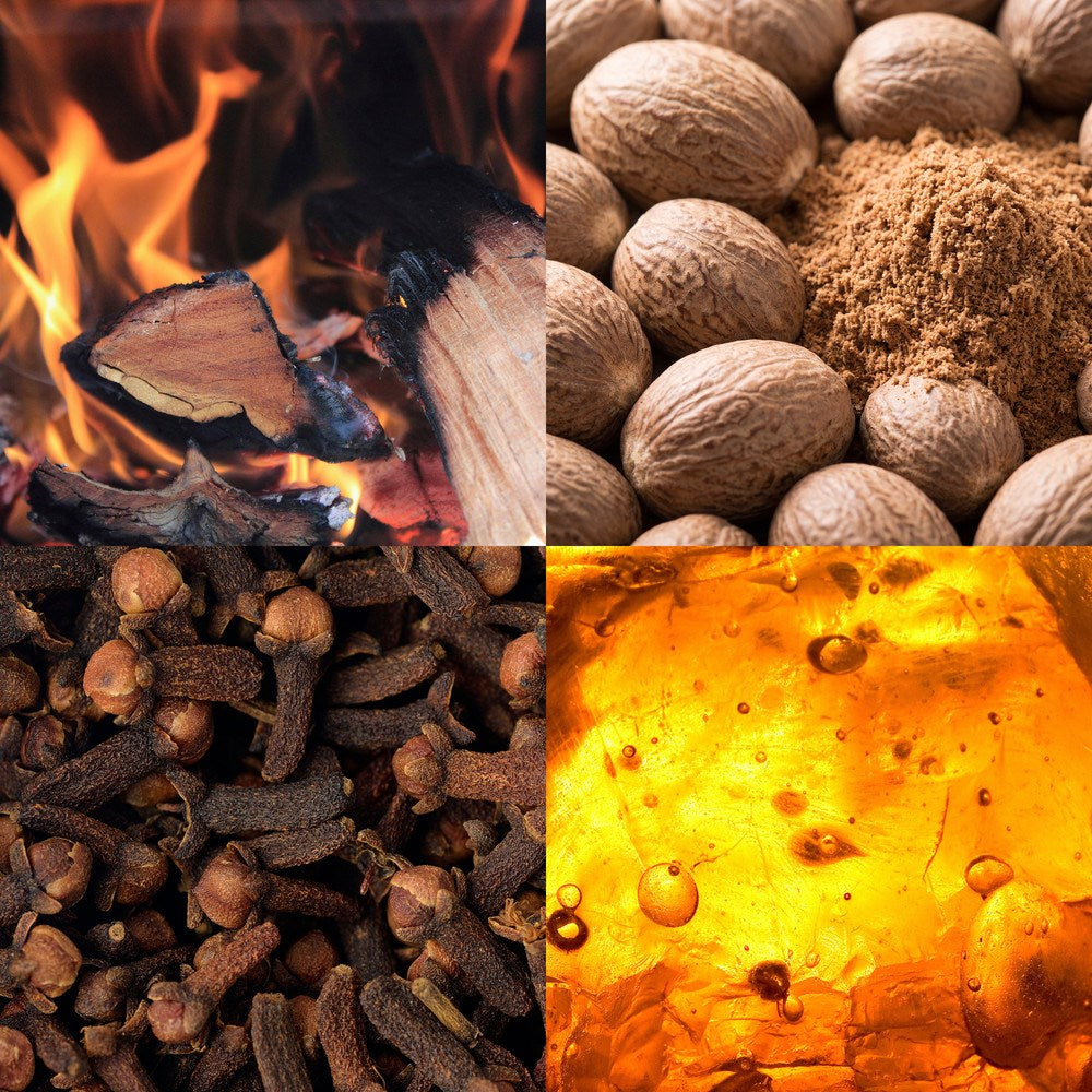 Four-part collage showing burning firewood, whole and ground nutmeg, dried cloves, and translucent golden amber resin.