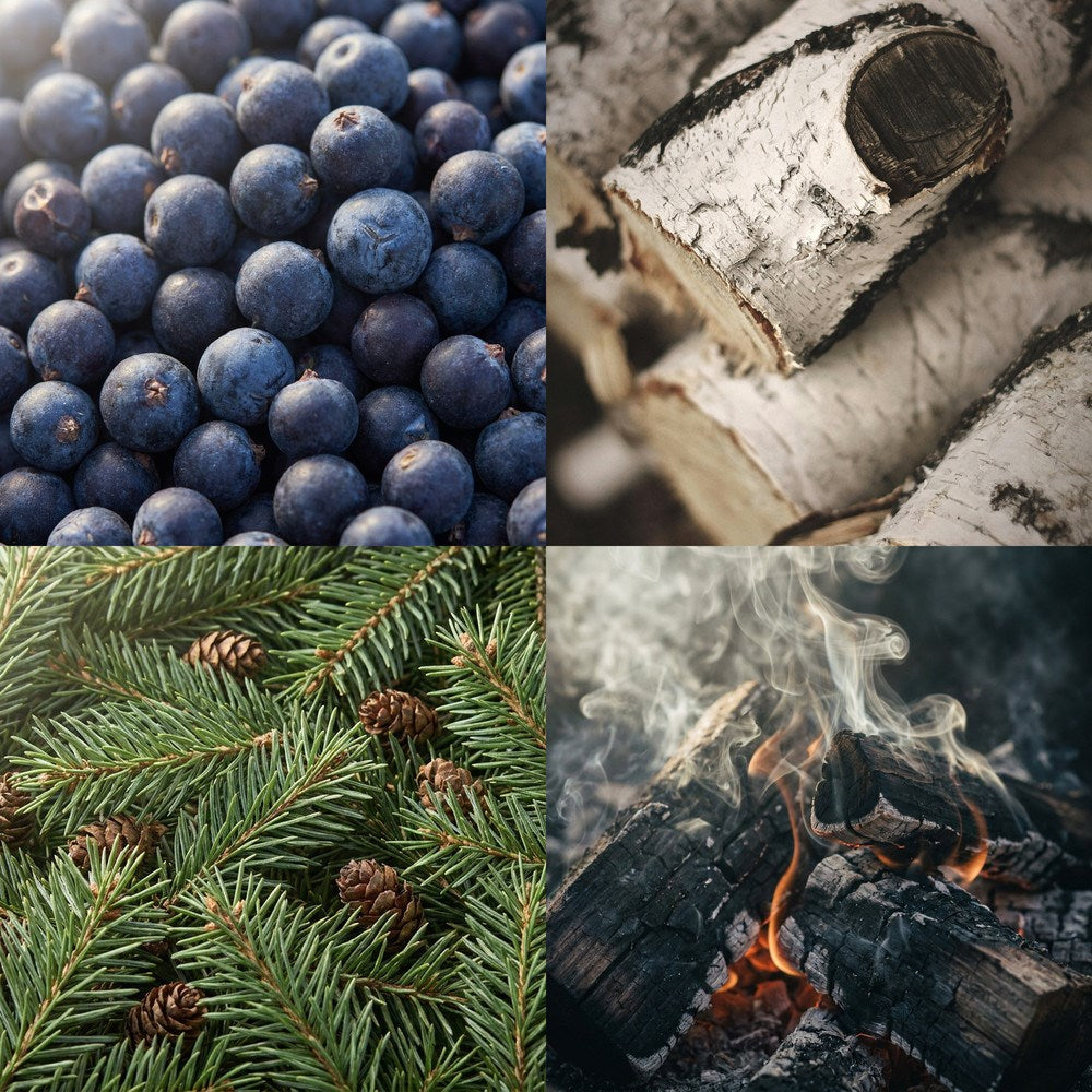 Four-part collage showing dusty blue juniper berries, white birch logs with dark bark markings, evergreen branches with small cones, and smoking firewood with glowing embers.