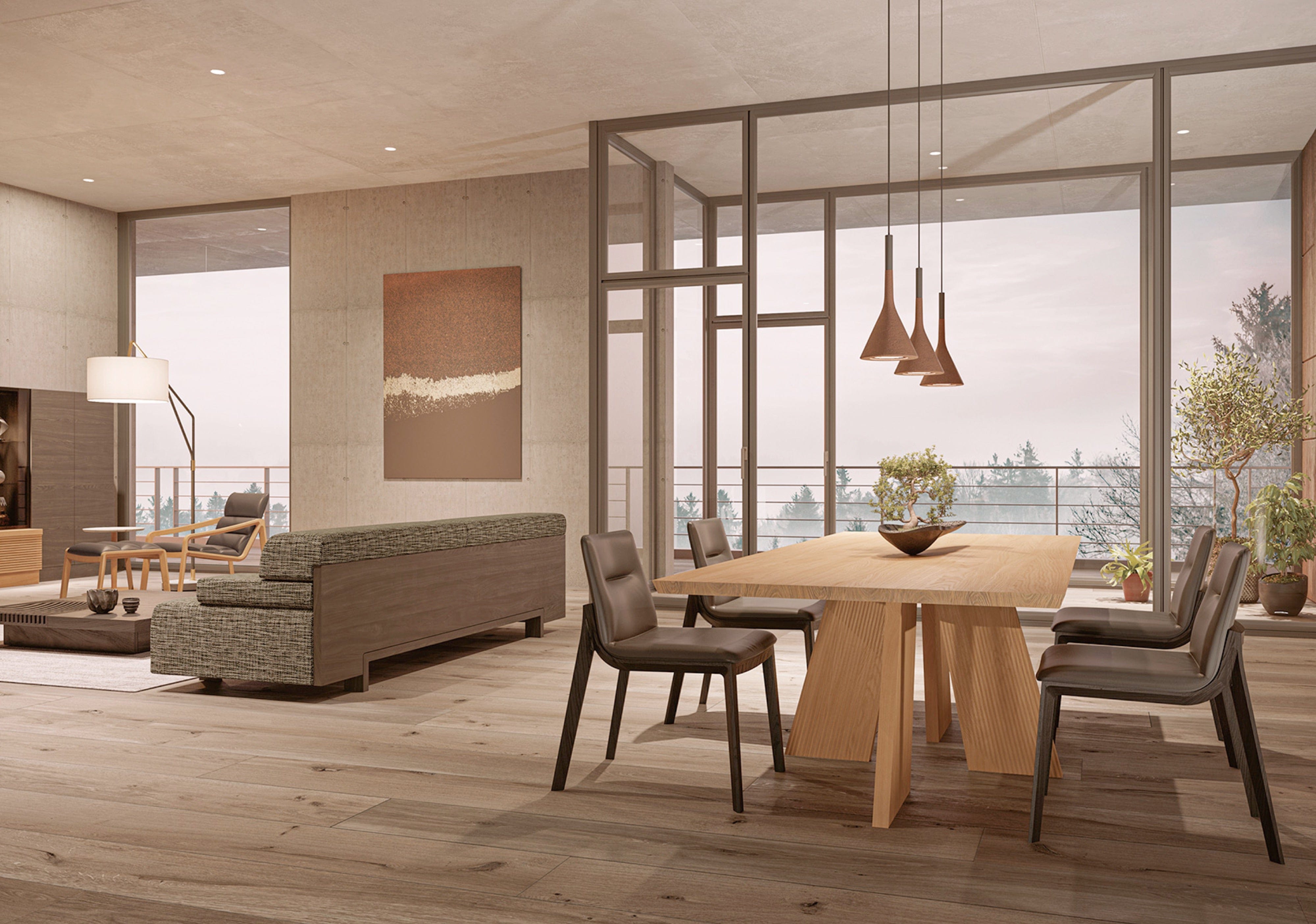 HAKAMA Table and CHALLENGE Side Chairs, Soft Type by CondeHouse in a Japandi inspired shared living space