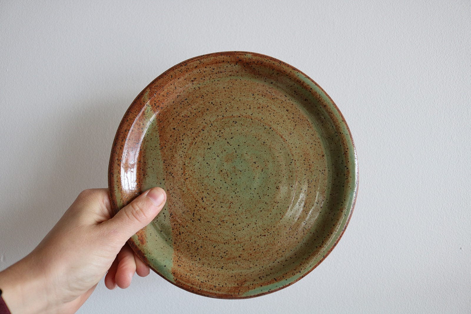 Hand holding a ceramic plate with a speckled glaze on a plain background