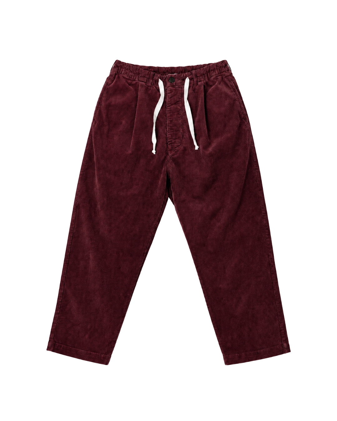 Front product view of burgundy corduroy Paddington pants with a white drawstring.
