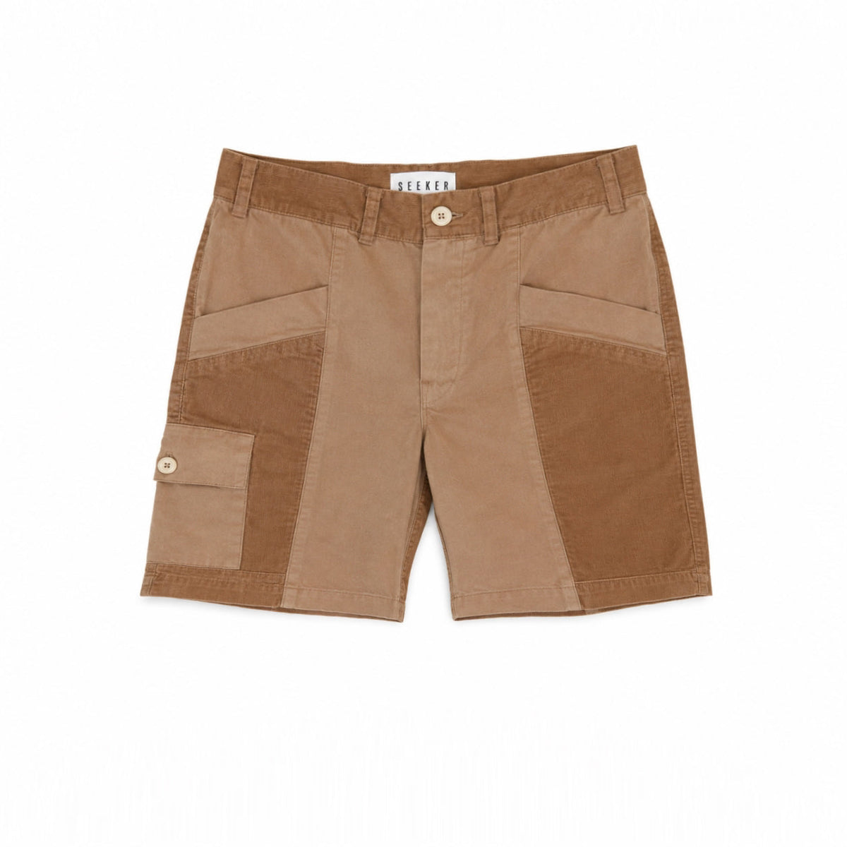 Front product view of tan Trek Shorts with contrasting brown panels and a buttoned cargo pocket.