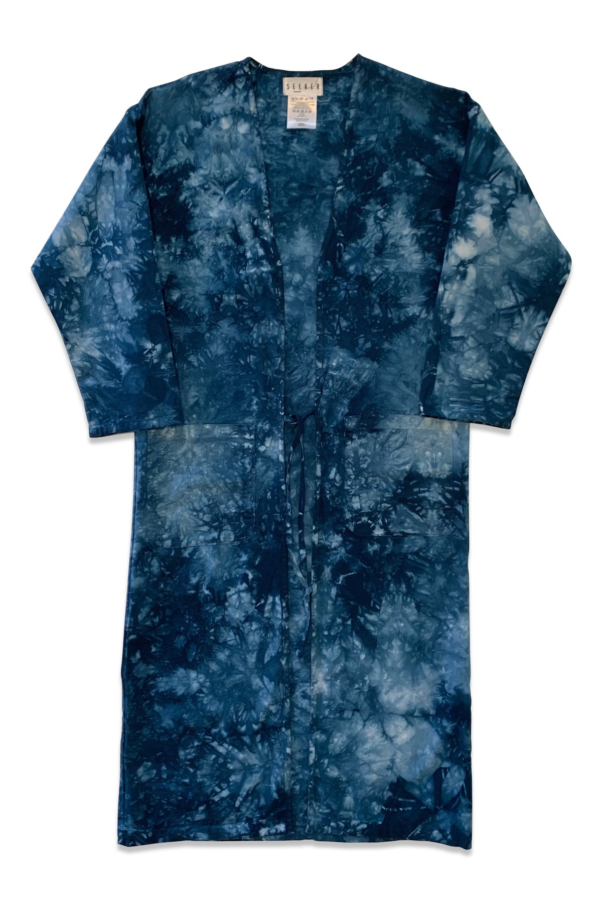 Front product view of the long-sleeved blue tie-dyed hemp-cotton duster.