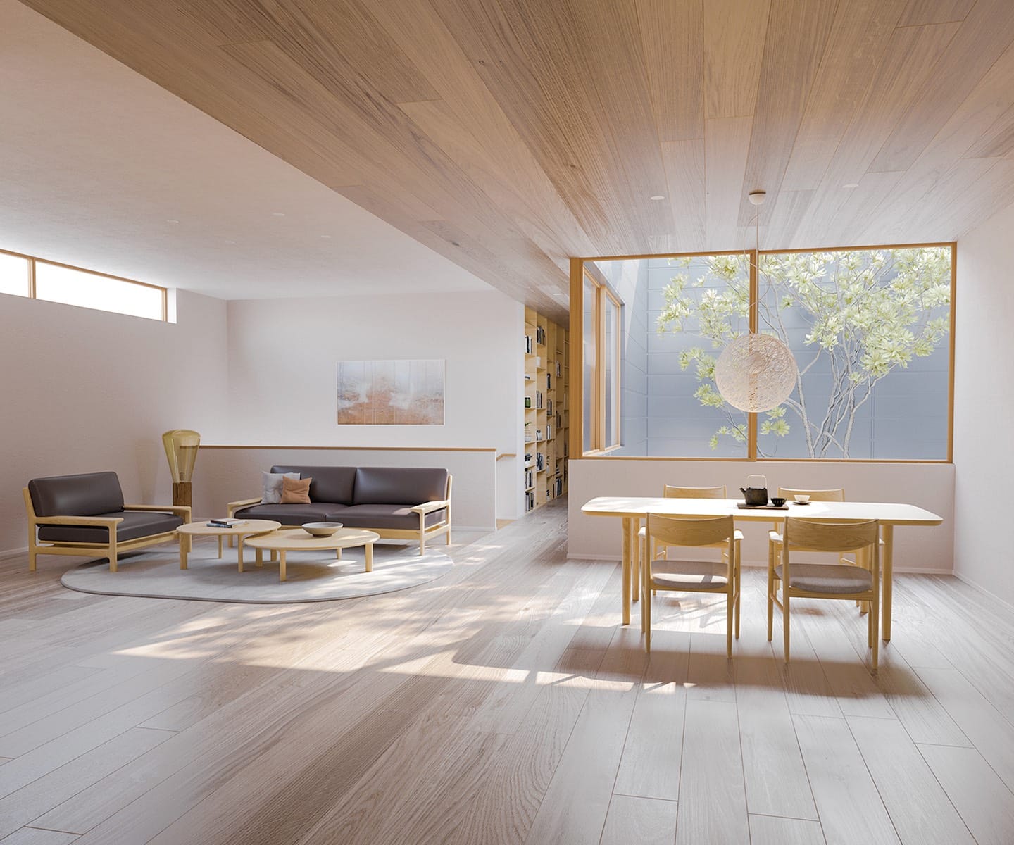 Japandi living room with natural wood furniture and large window light