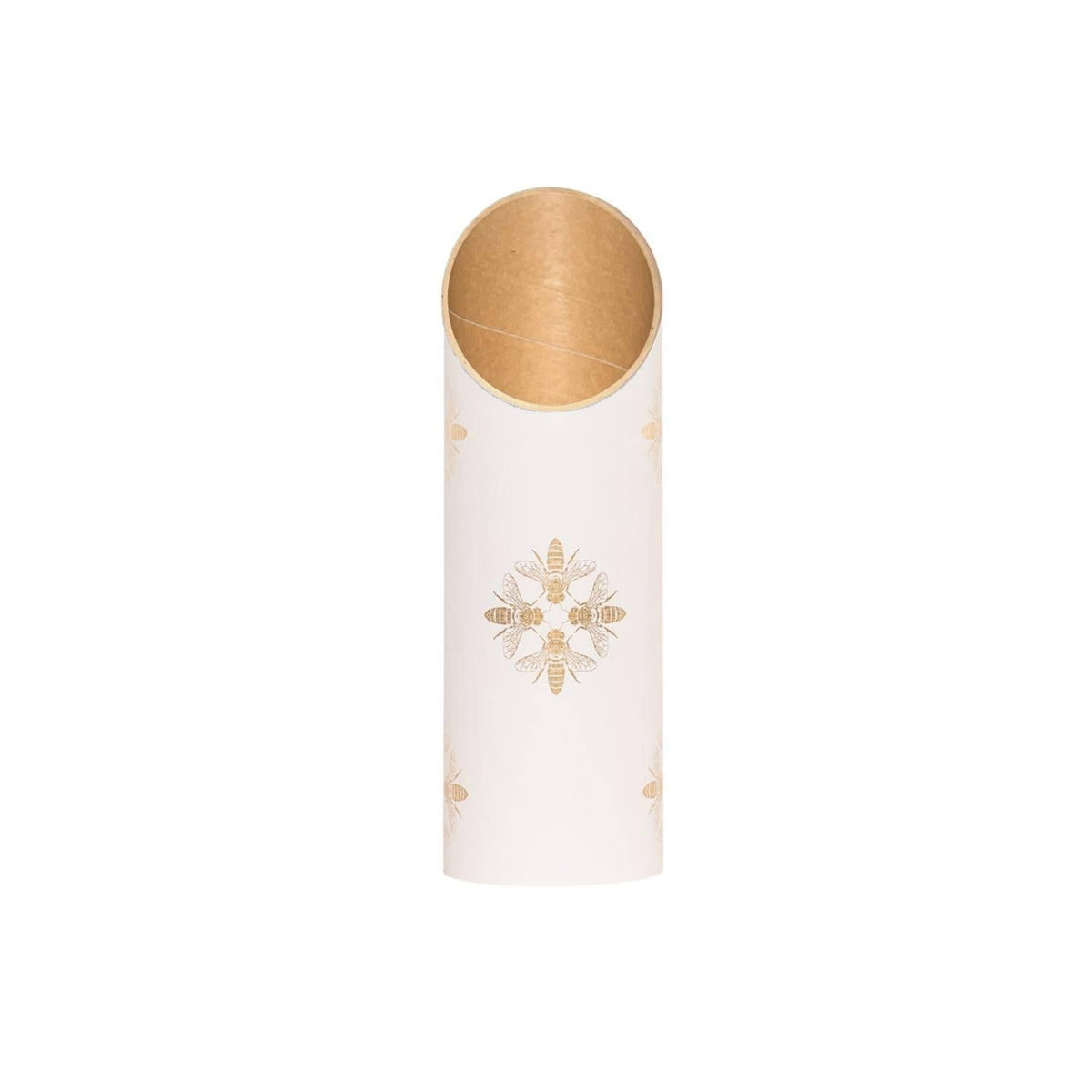 Front view of the empty white tube with gold bee motifs, an angled opening, and warm kraft-paper interior.