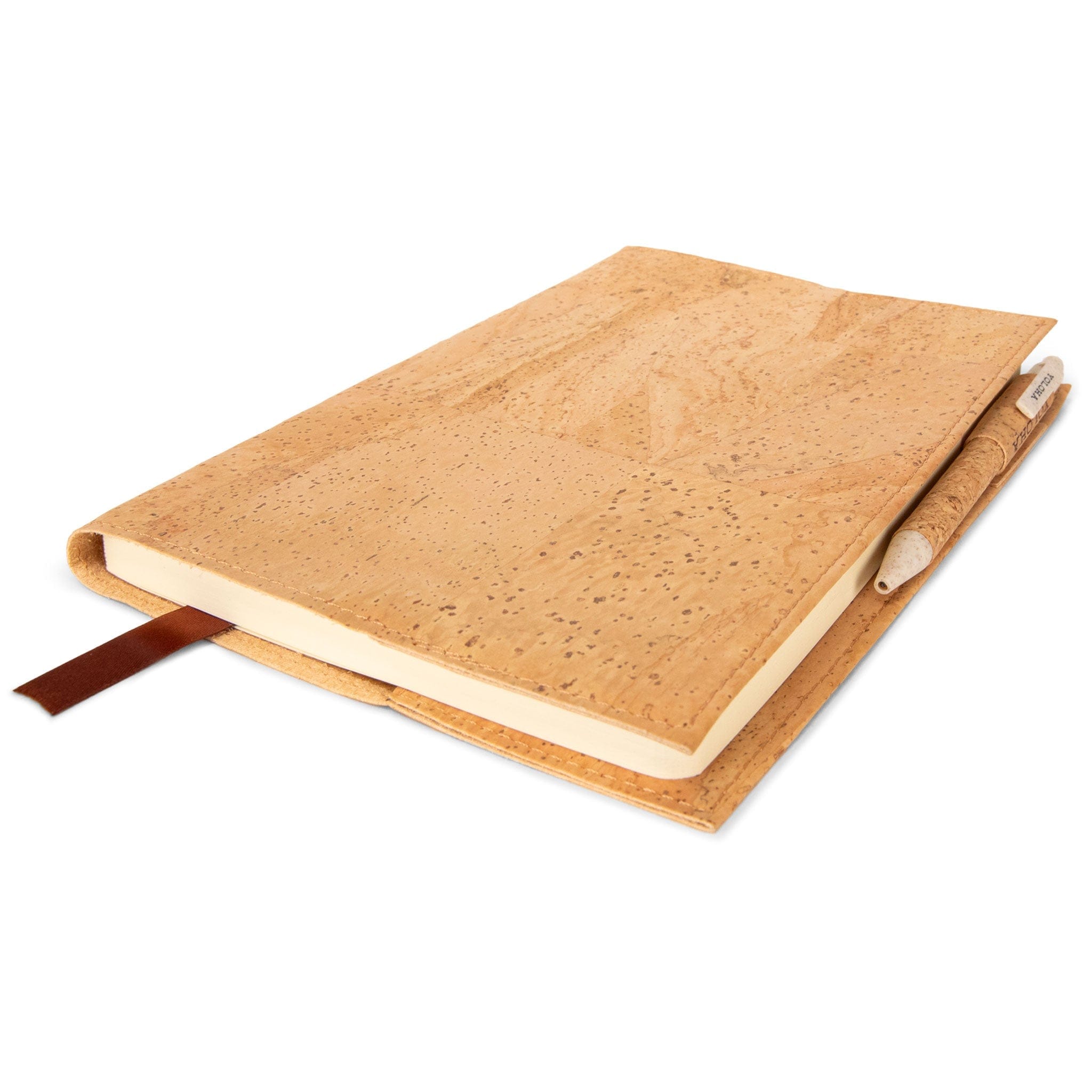 Cork notebook with a strap on a white background