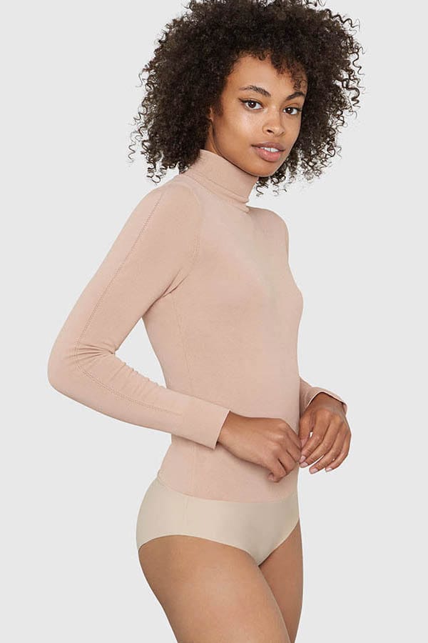 Mira Turtleneck Viscose Bodysuit in beige, three-quarter view β Santicler Japandi fashion