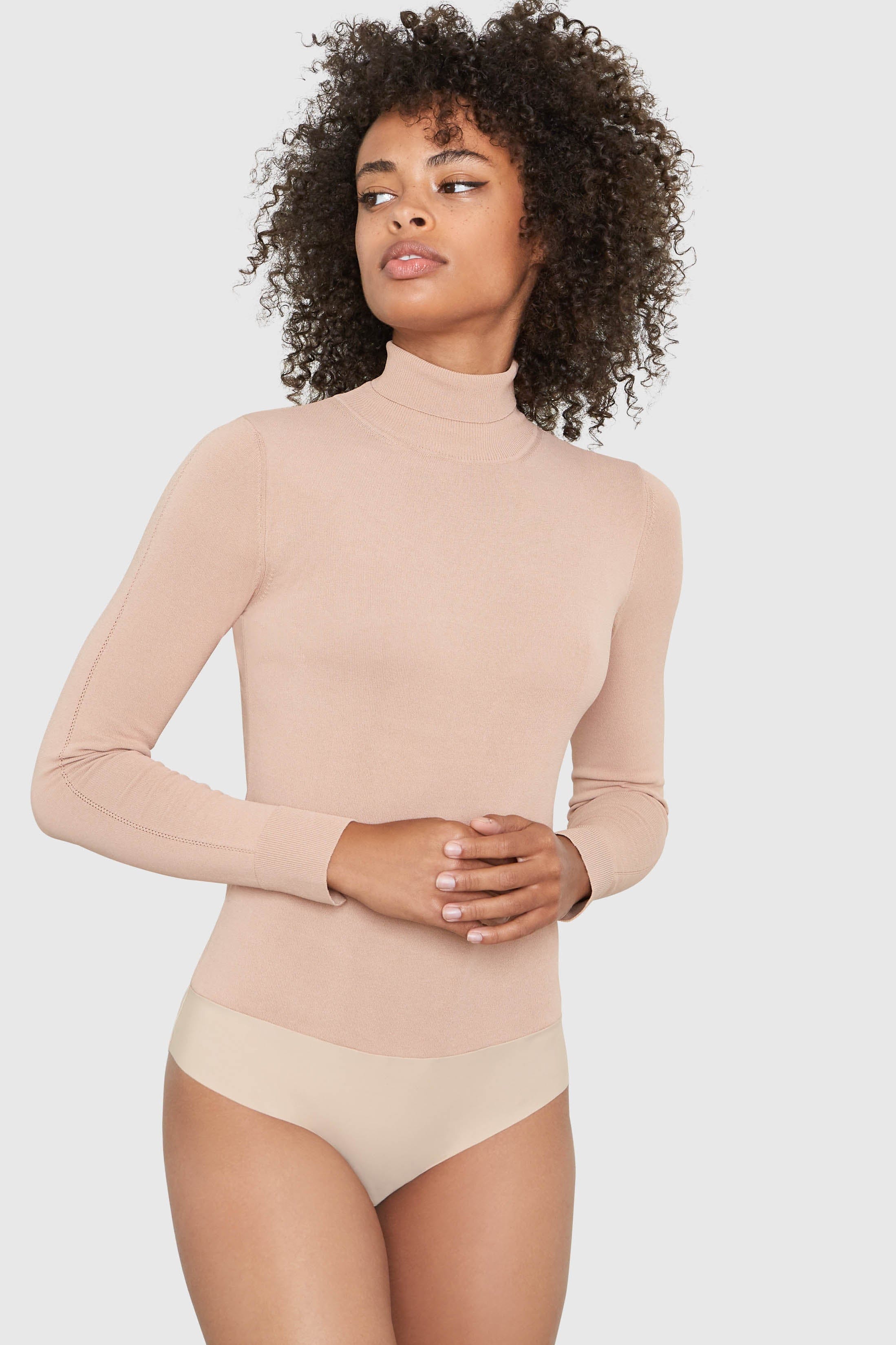 Mira Turtleneck Viscose Bodysuit in beige, front view β Santicler Japandi fashion