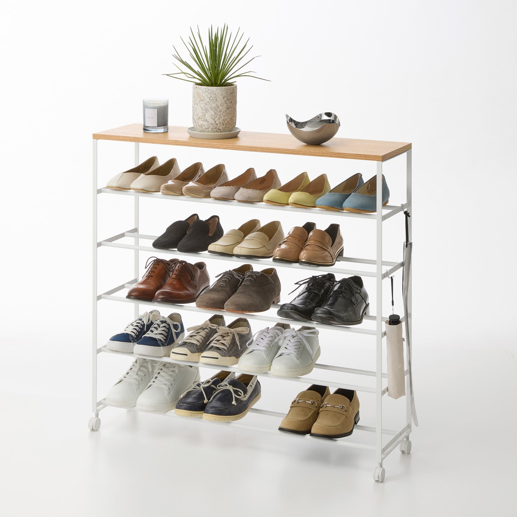 The Rolling Five-Tier Shoe Rack is designed to keep entryways, closets, and mudrooms organized with ample storage for everyday footwear.