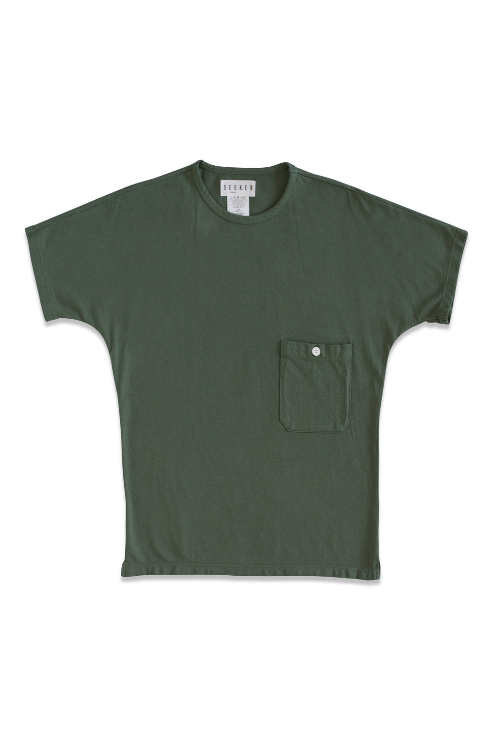 Front product view of the muted forest-green Pocket Dolman Tee with a chest pocket.
