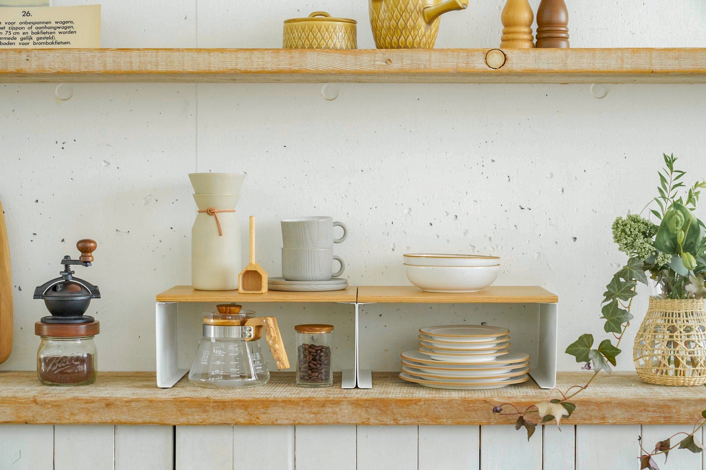 Stackable Countertop Shelf - Two Sizes - Steel + Wood shown in kitchen