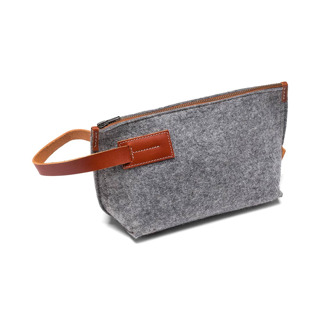 Kyrgies Felt and Leather Travel Kit in gray handcrafted from natural wool felt with vegetable-tanned leather details