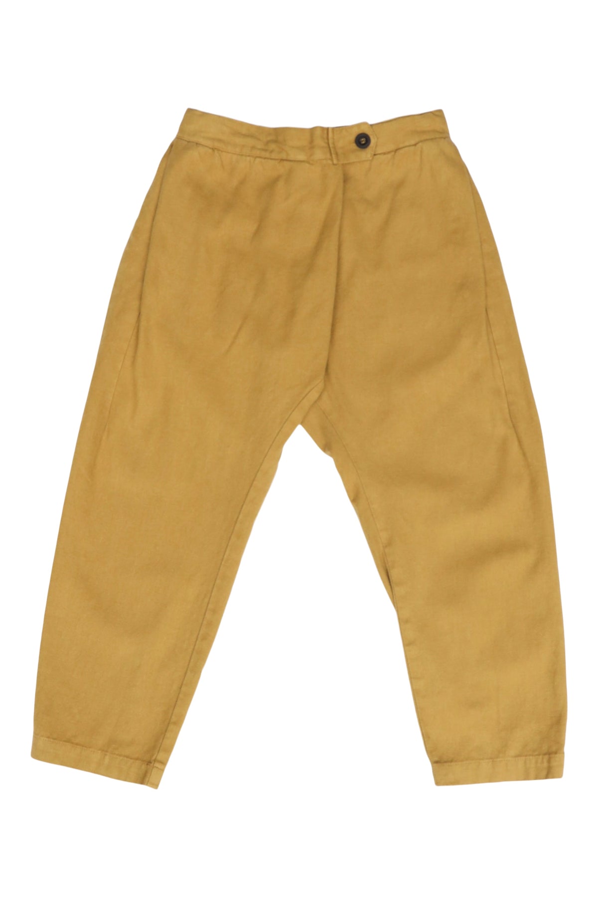 Front product view of mustard-yellow Souk pants with a buttoned waistband.