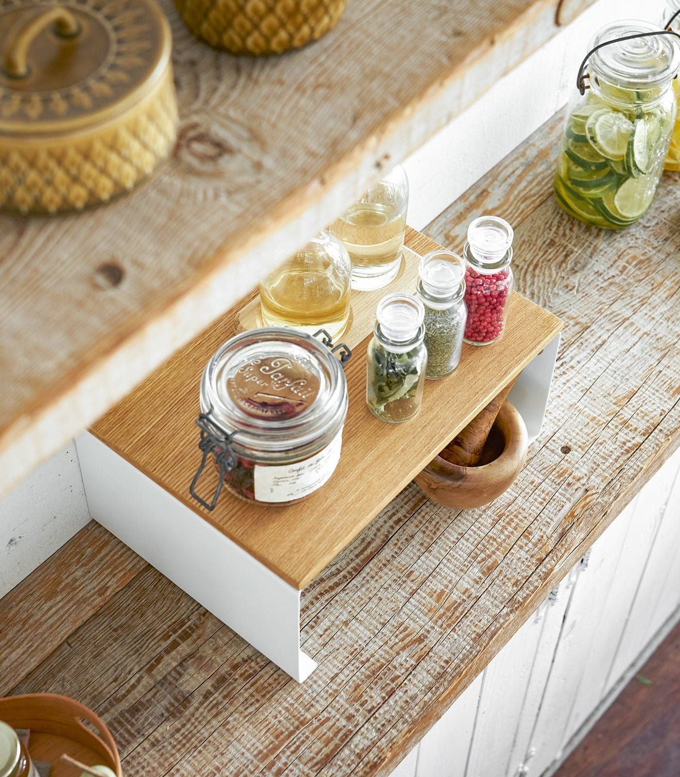 Stackable Countertop Shelf - Two Sizes - Steel + Wood, one shown from above