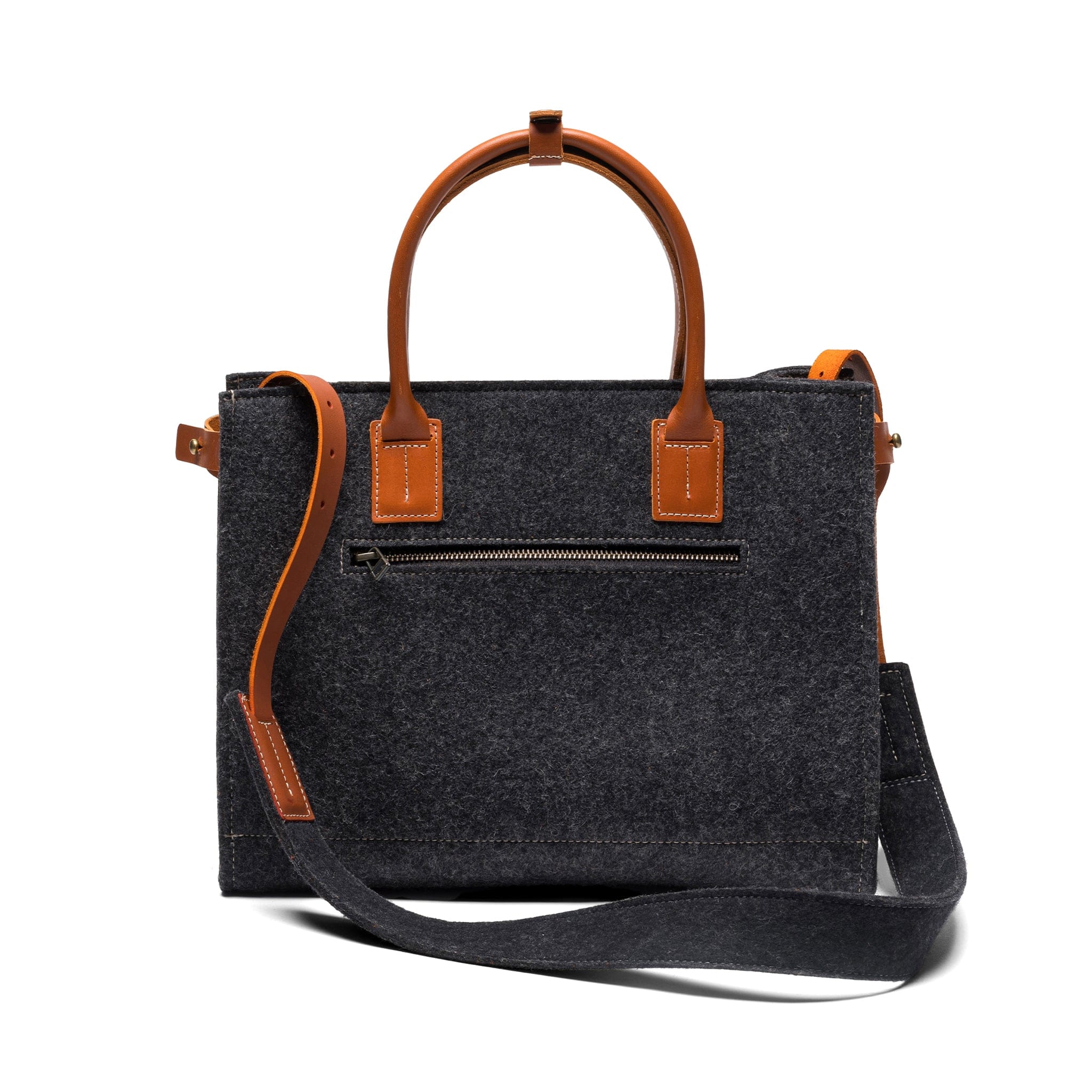 Kyrgies Handmade Wool Handbag in charcoal crafted from natural wool felt with vegetable-tanned leather accents