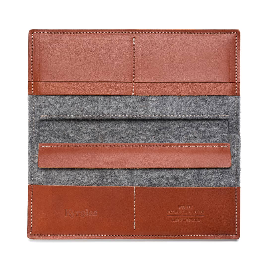 Interior of Kyrgies travel wallet featuring card slots and organized storage compartments
