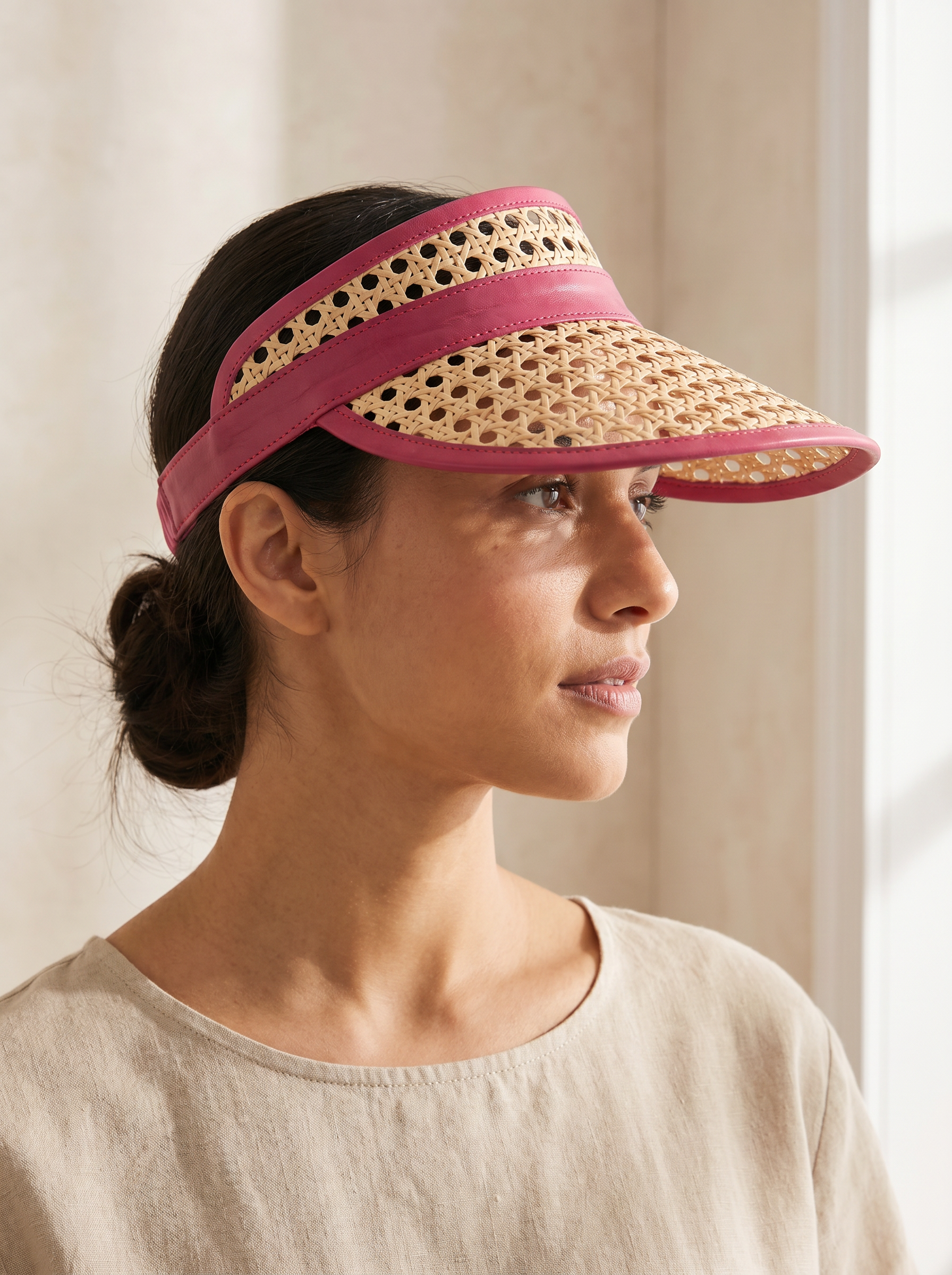 Village Thrive Sumi Leather and Cane Rattan Visor, camel rattan cane with blush leather trim, worn in profile.