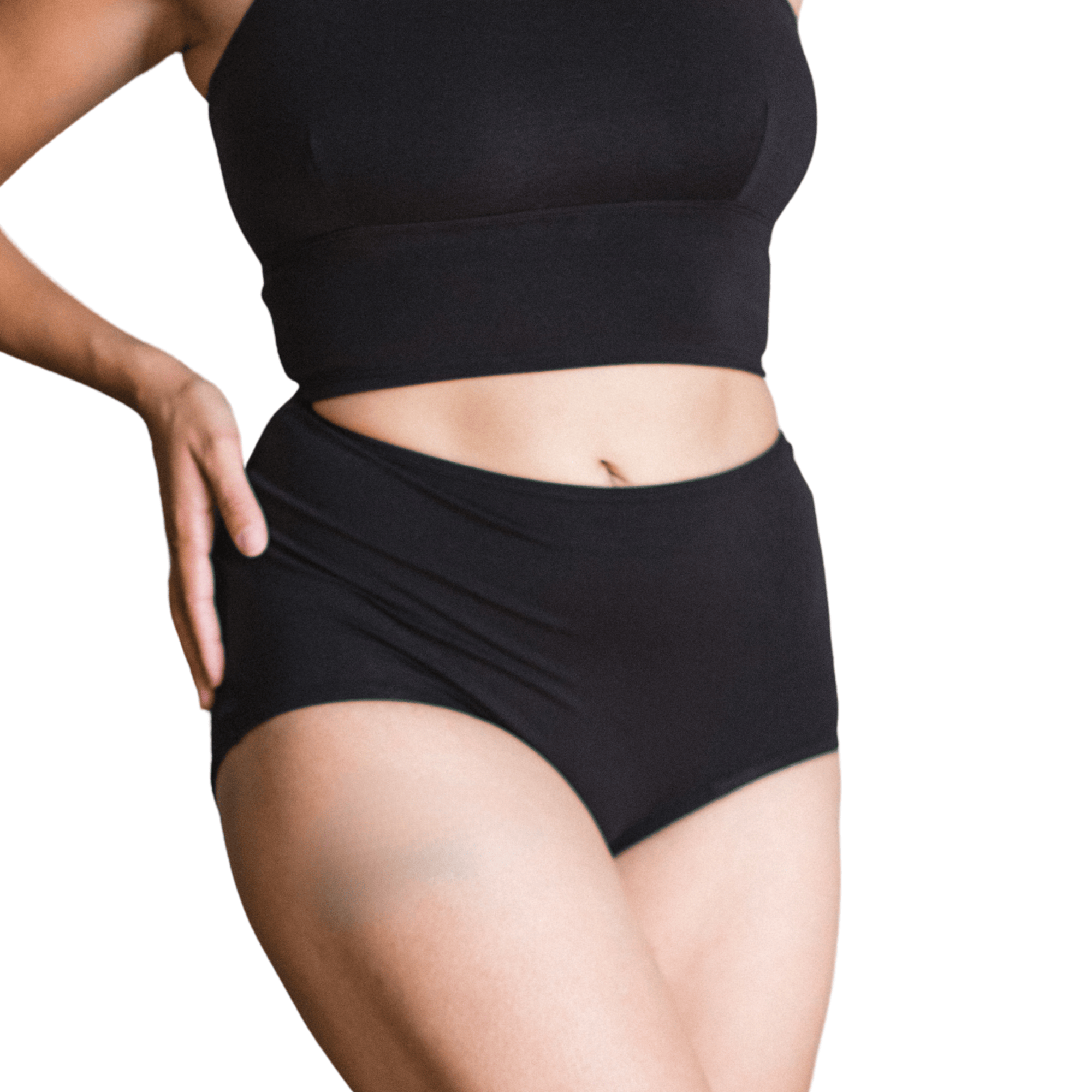 Model wearing Organic Cotton High-Rise Brief in Black, front view