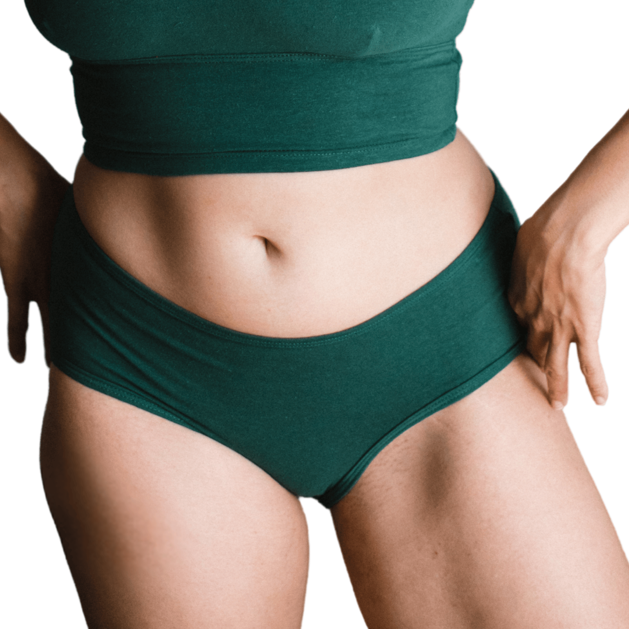 Model wearing Organic Cotton Mid-Rise Brief in Lagoon, front view