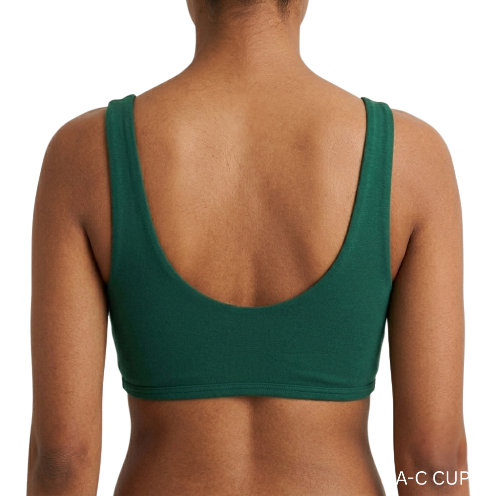 Back view of model wearing PROCLAIM Organic Cotton Everyday Bralette in Lagoon, A-C cup