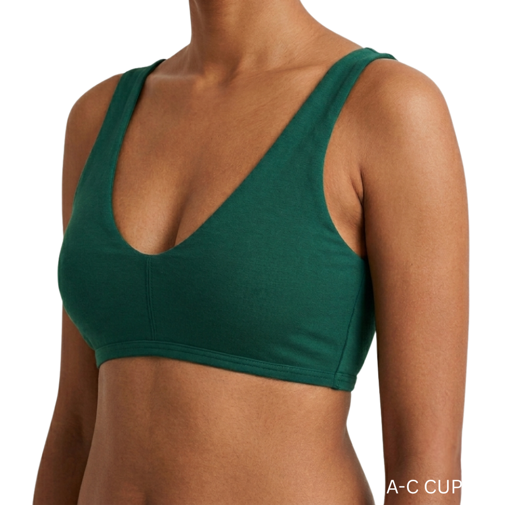 Model wearing PROCLAIM Organic Cotton Everyday Bralette in Lagoon, A-C cup, front view
