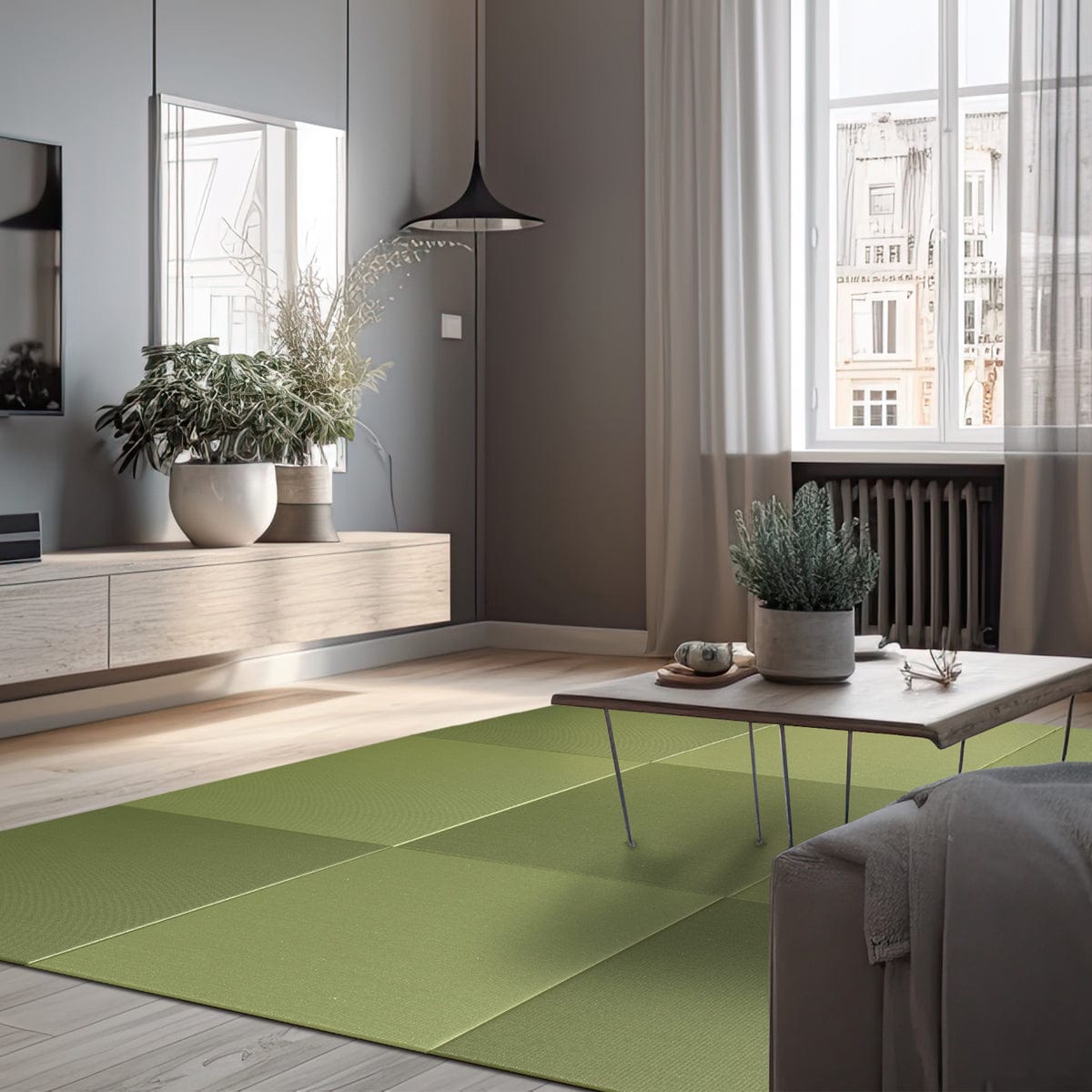 A Saien-Sparkle SILVER GREEN Tatami Mat with a sparkle effect, placed on a floor in a room with a low-profile couch, a plant, and a wooden cabinet in the background.