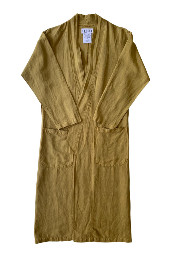 S E E K E R Kimono in Linen in Mustard – open-front kimono, front flat lay