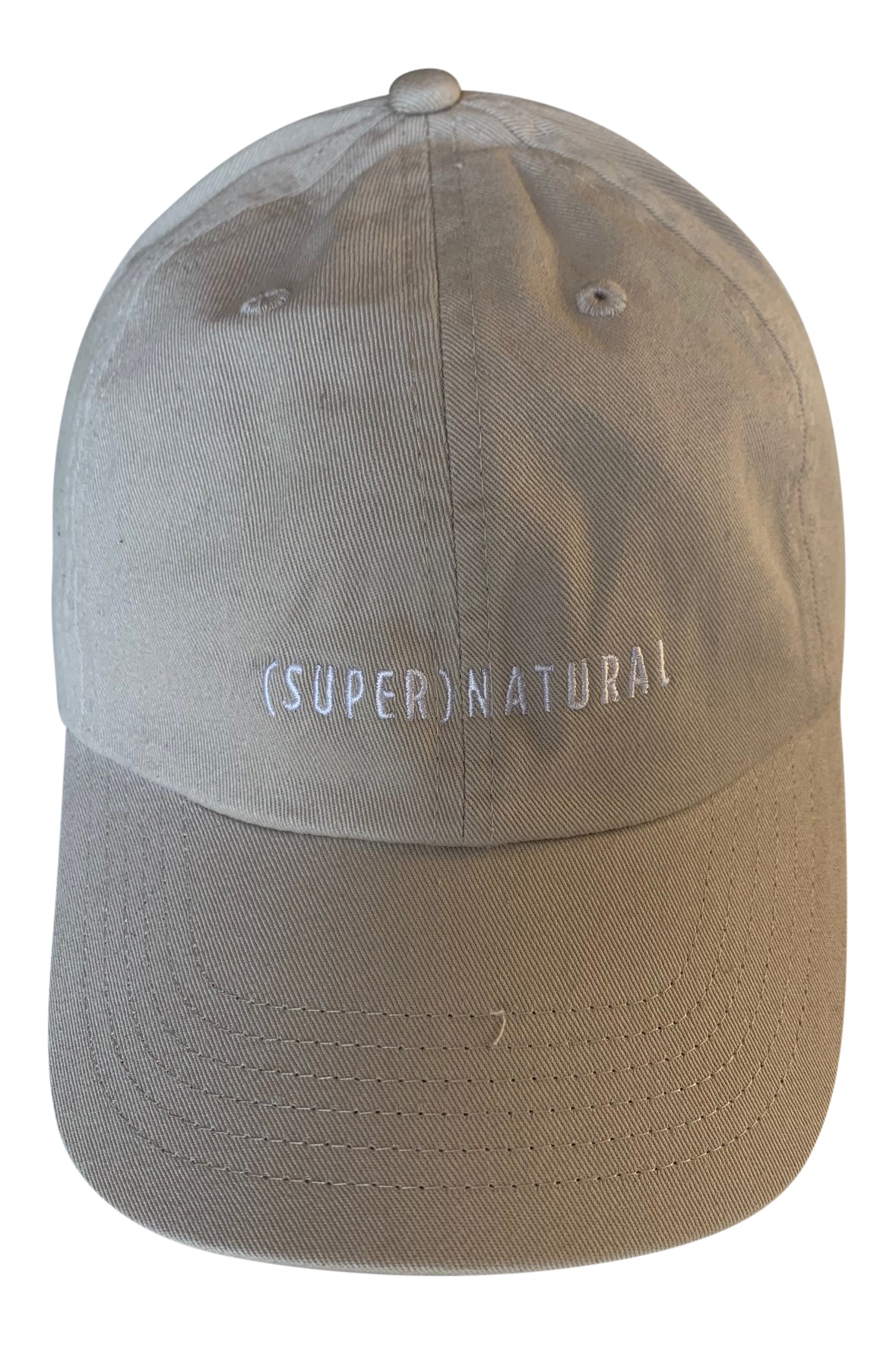 Front product view of a khaki SUPERNATURAL cap with white embroidered lettering.