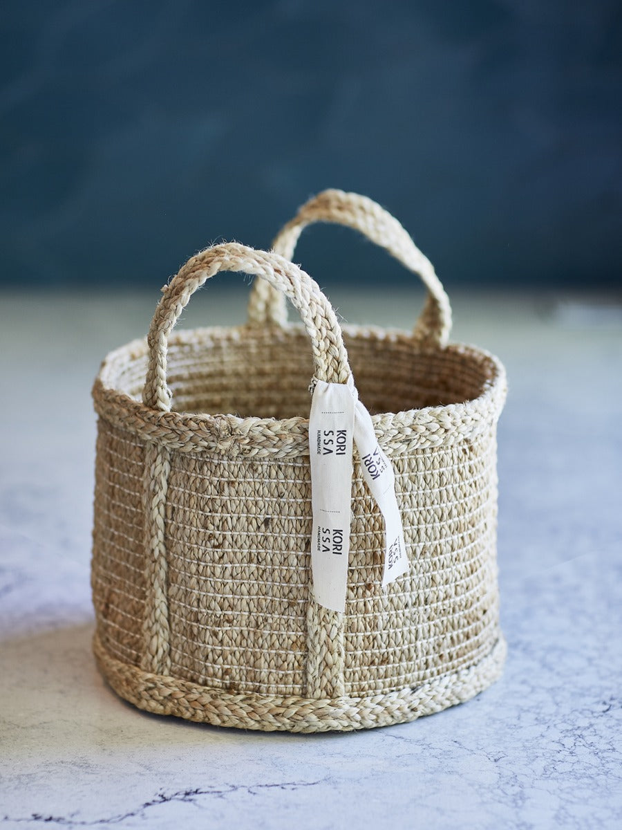 Korissa Bono Basket, single, styled on marble floor with tag
