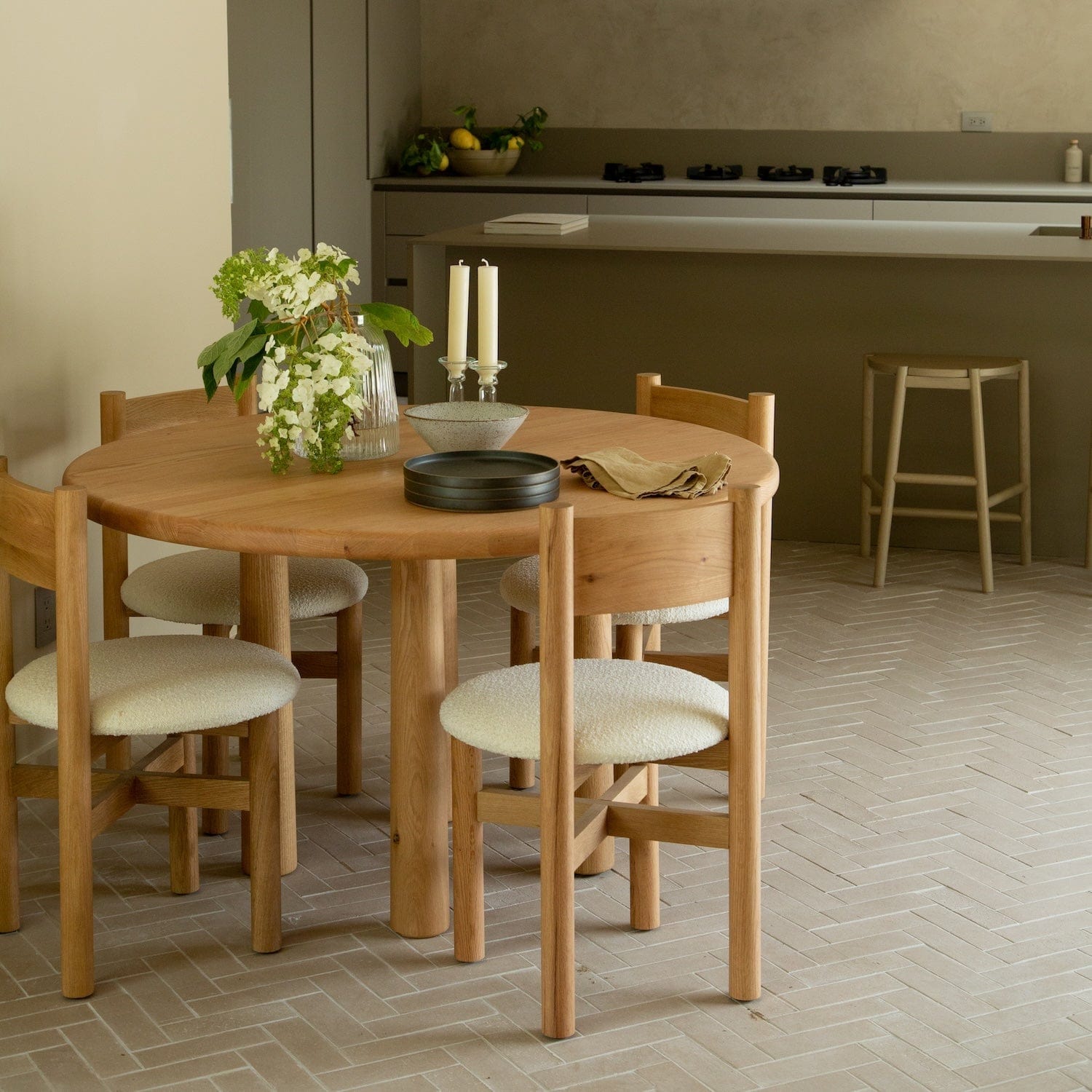 Teddy Dining Chair - White Oak with Round Topa Topa Dining Table