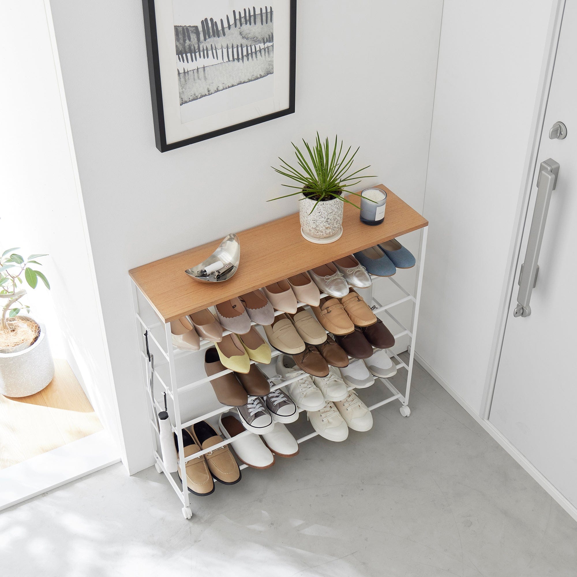 Rolling Five-Tier Shoe Rack (34.25" H) - Steel + Wood