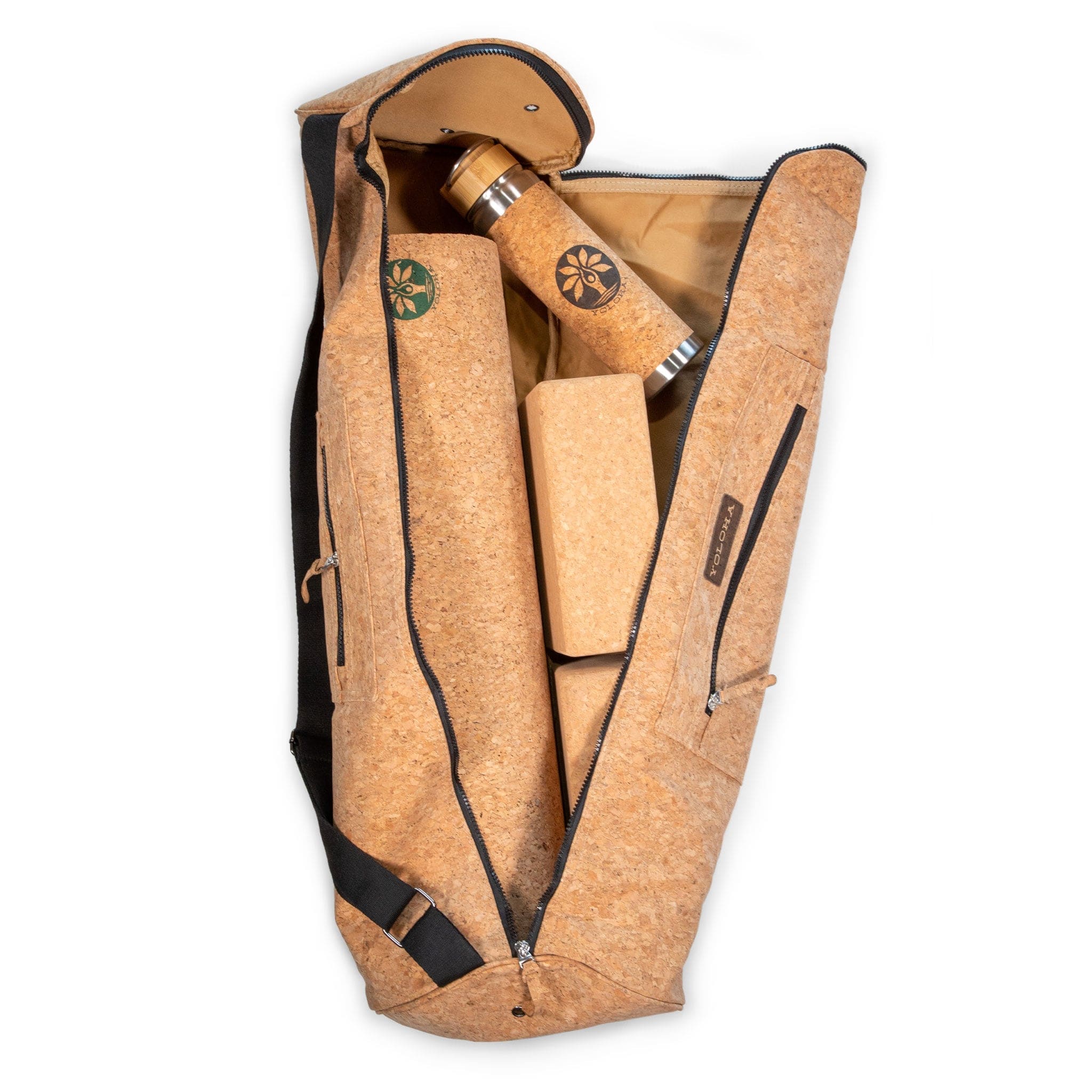 Cork Yoga Mat Carrier Plus with yoga gear