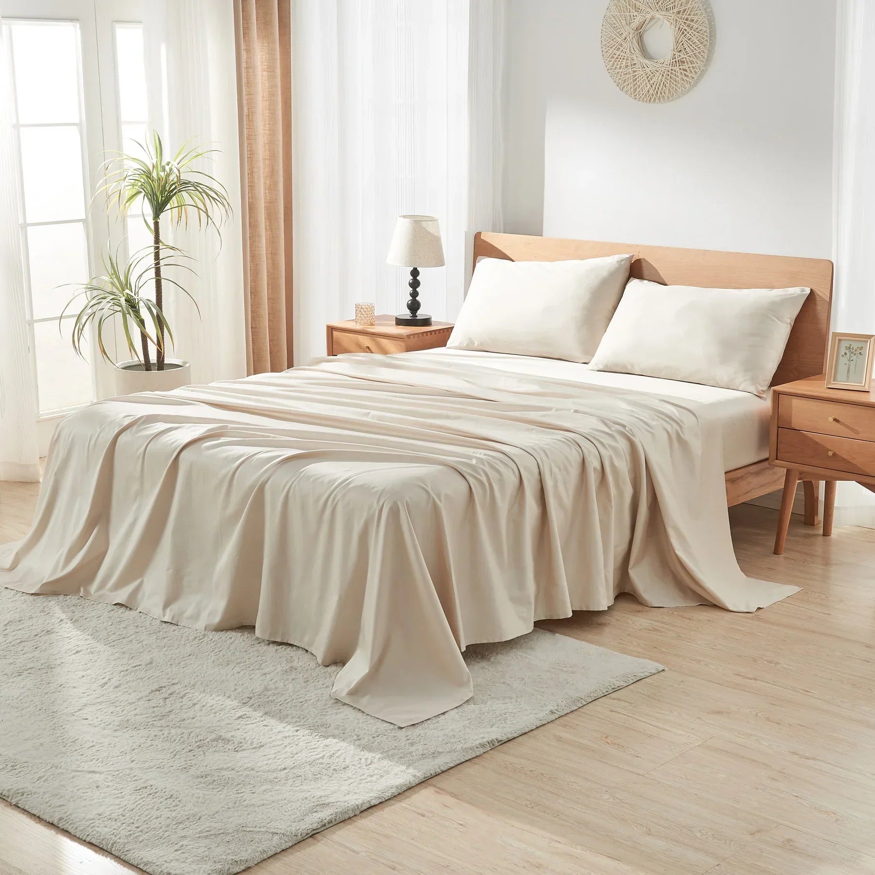 Japandi bedroom with layered lighting, tatami mats, and calming neutral design