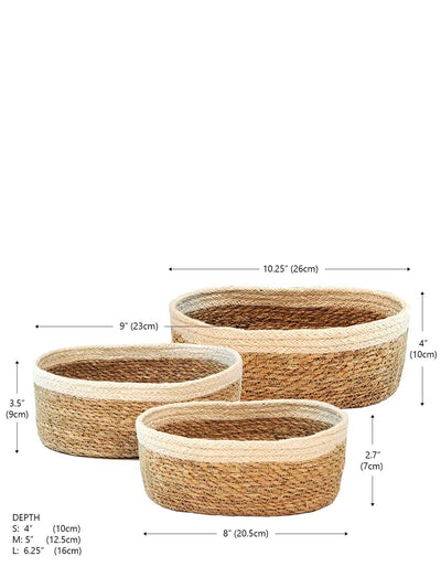 Korissa Savar Oval Bowl dimension chart, three nested sizes shown