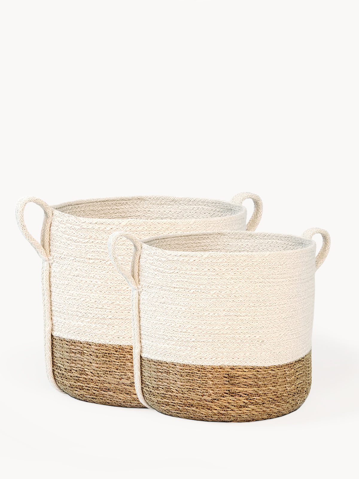 Korissa Savar Basket with Side Handle, natural and white two-tone, two nested sizes