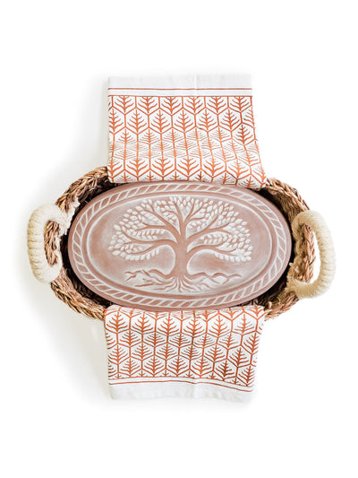Korissa Bread Warmer Basket Gift Set with rust chevron tea towel, front view