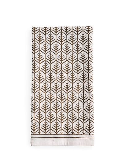 Korissa Hand Screen Printed Tea Towel, dark brown print, folded flat, white background
