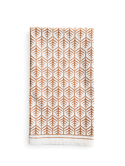 Korissa Hand Screen Printed Tea Towel, light brown print, folded flat, white background