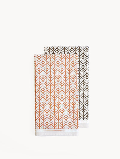 Korissa Hand Screen Printed Tea Towel, light brown and dark brown print, folded together, white background
