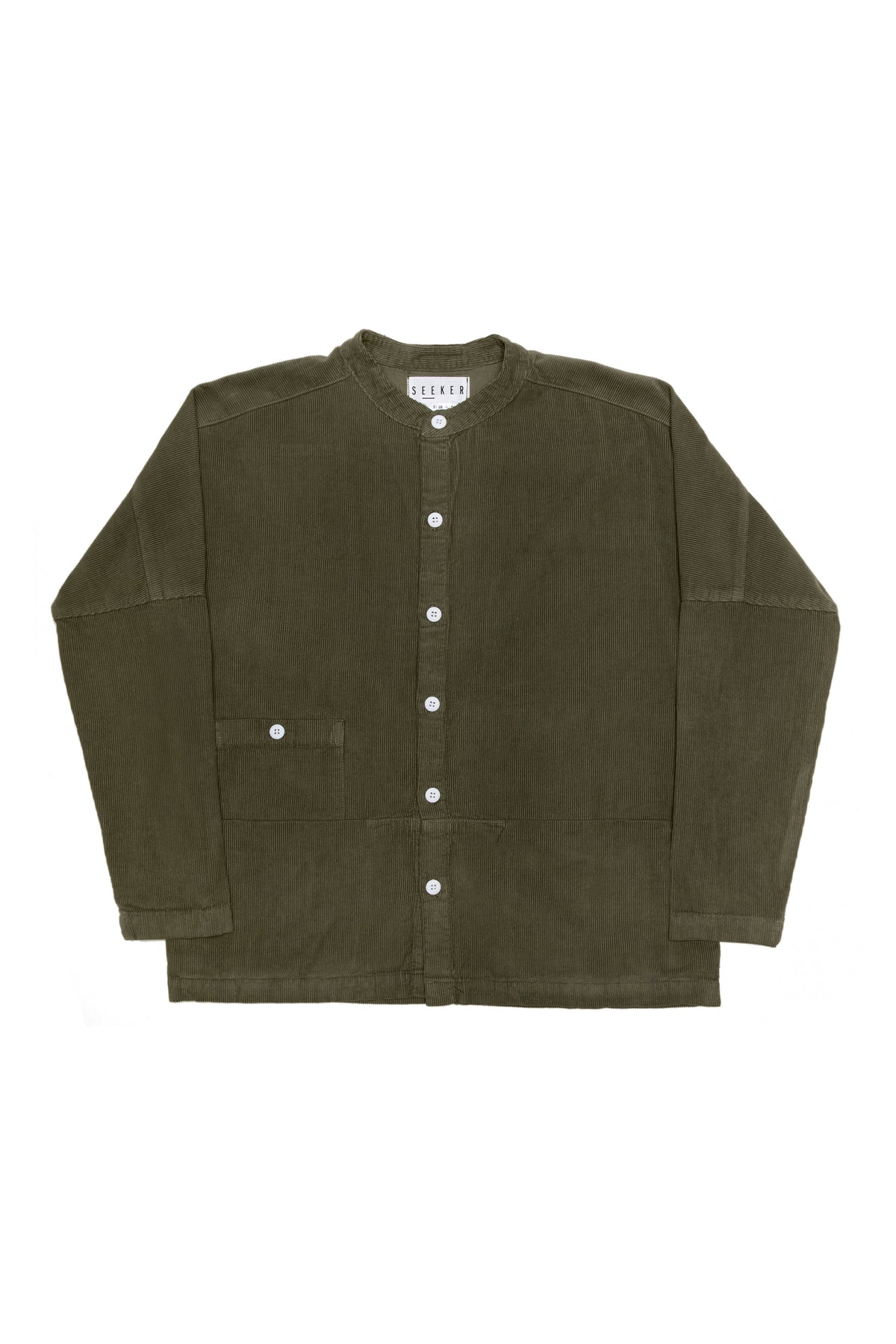 Front product view of the olive-green Raj corduroy coat.