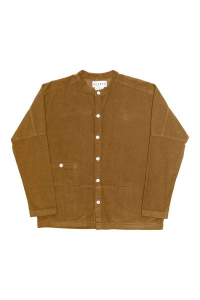 Front product view of the mustard-brown Raj corduroy coat.